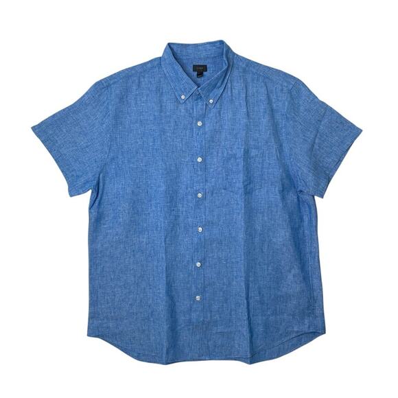 J Crew Shirt Mens XL Extra Large Blue Linen Button Down Short Sleeve Pocket - Picture 1 of 9